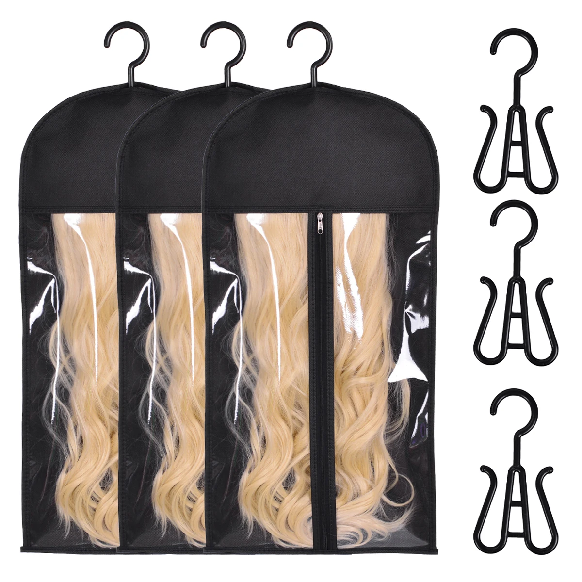 Sacs à cheveux non tissés avec ensemble de cintres en plastique pour plusieurs perruques, support d'extensions de cheveux, sac de perruque rose avec cintre, sac de rangement violet