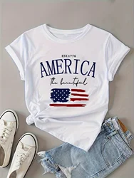 Women's Patriotic American Flag Print T-Shirt - Casual Crew Neck Short Sleeve Stretchy Washable - Perfect for Independence