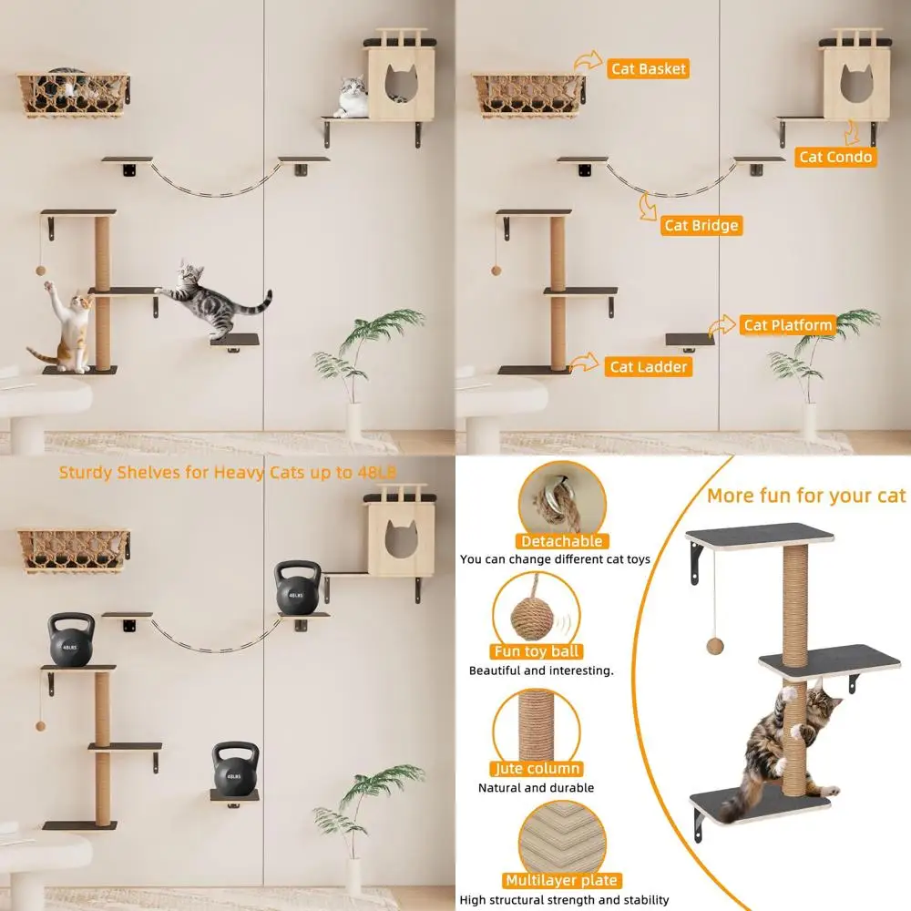 

Gray 5-in-1 Wall-Mounted Cat Furniture Set with Hammock, Condo, Bridge, Ladder & Steps for Indoor Cats
