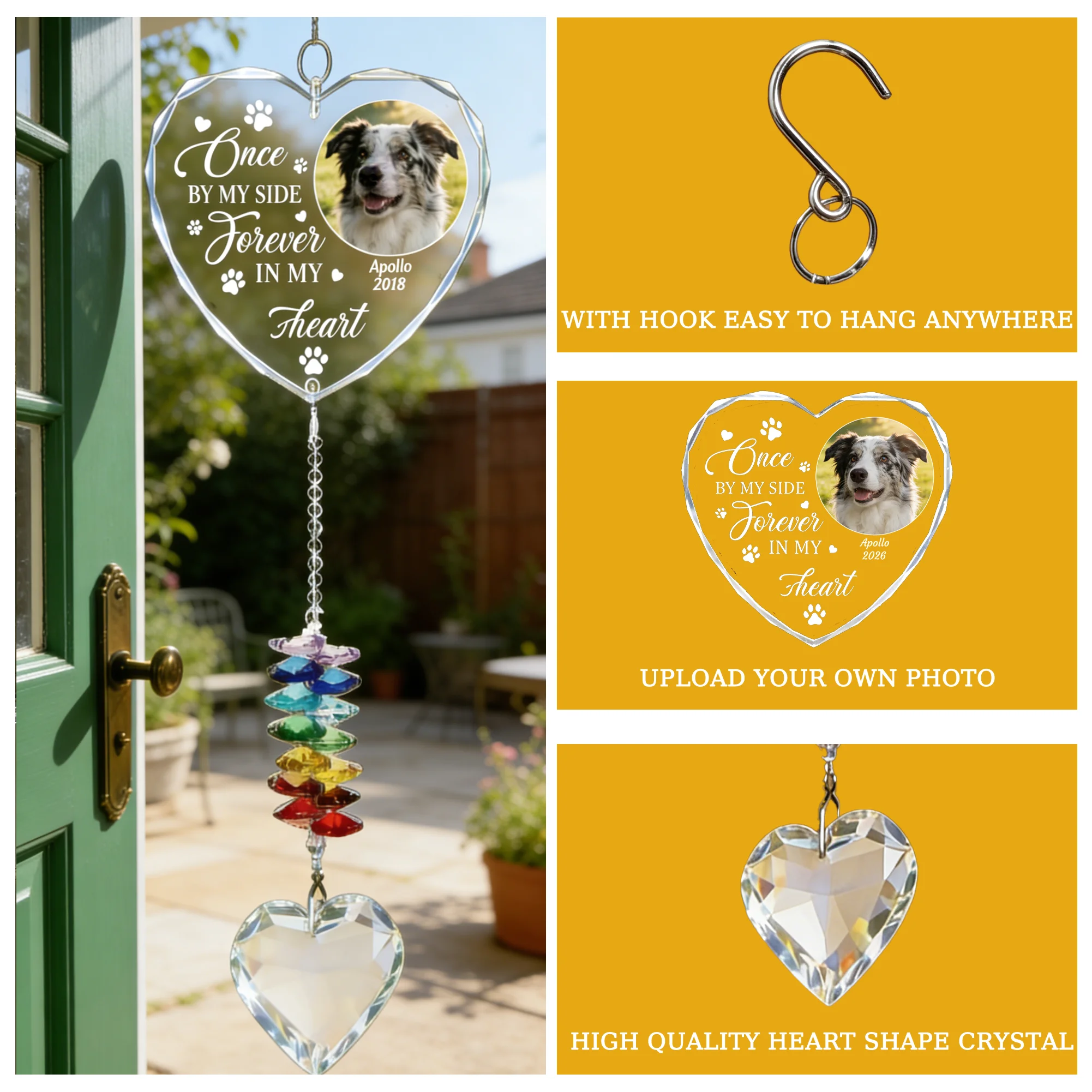 Personalized Pet Memorial Suncatcher Custom Photo Heart Acrylic Rainbow Crystal Window Ornament Pet