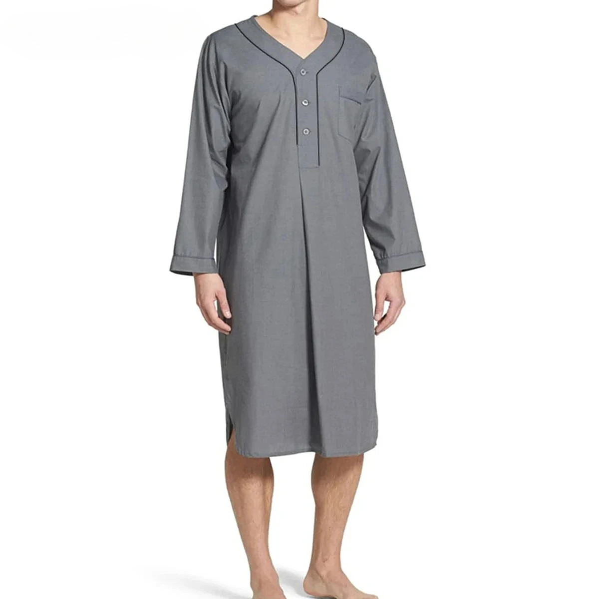 

YUFEIDA Men's Long Sleeve V-neck Pajamas Male Long Robes Shirts Homewear Solid Color Man Plus Size Leisure Nightdress Nightgown