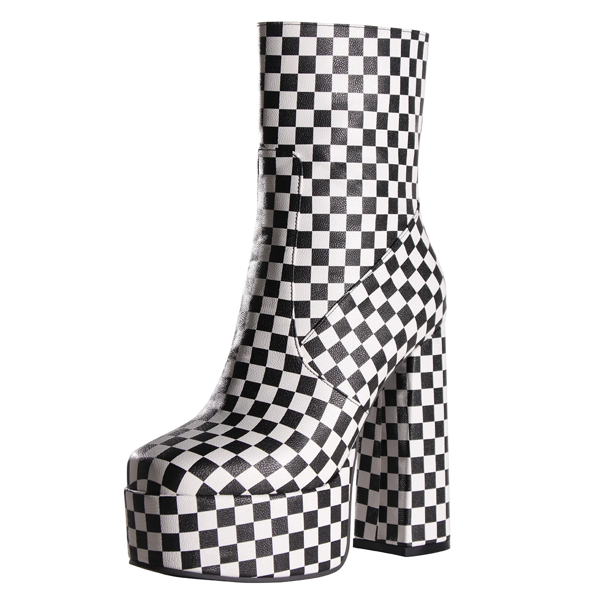 

Checkerboard Platform Boots High Heels 11cm Thick Bottom Short Boots Women Club Party Shoes