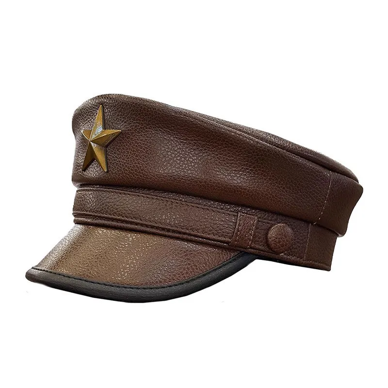 

Unisex All-Season Biker Style Sailor Hat - Outdoor Genuine Cowhide Hat (55-60cm) with Flat Top & Star Decor