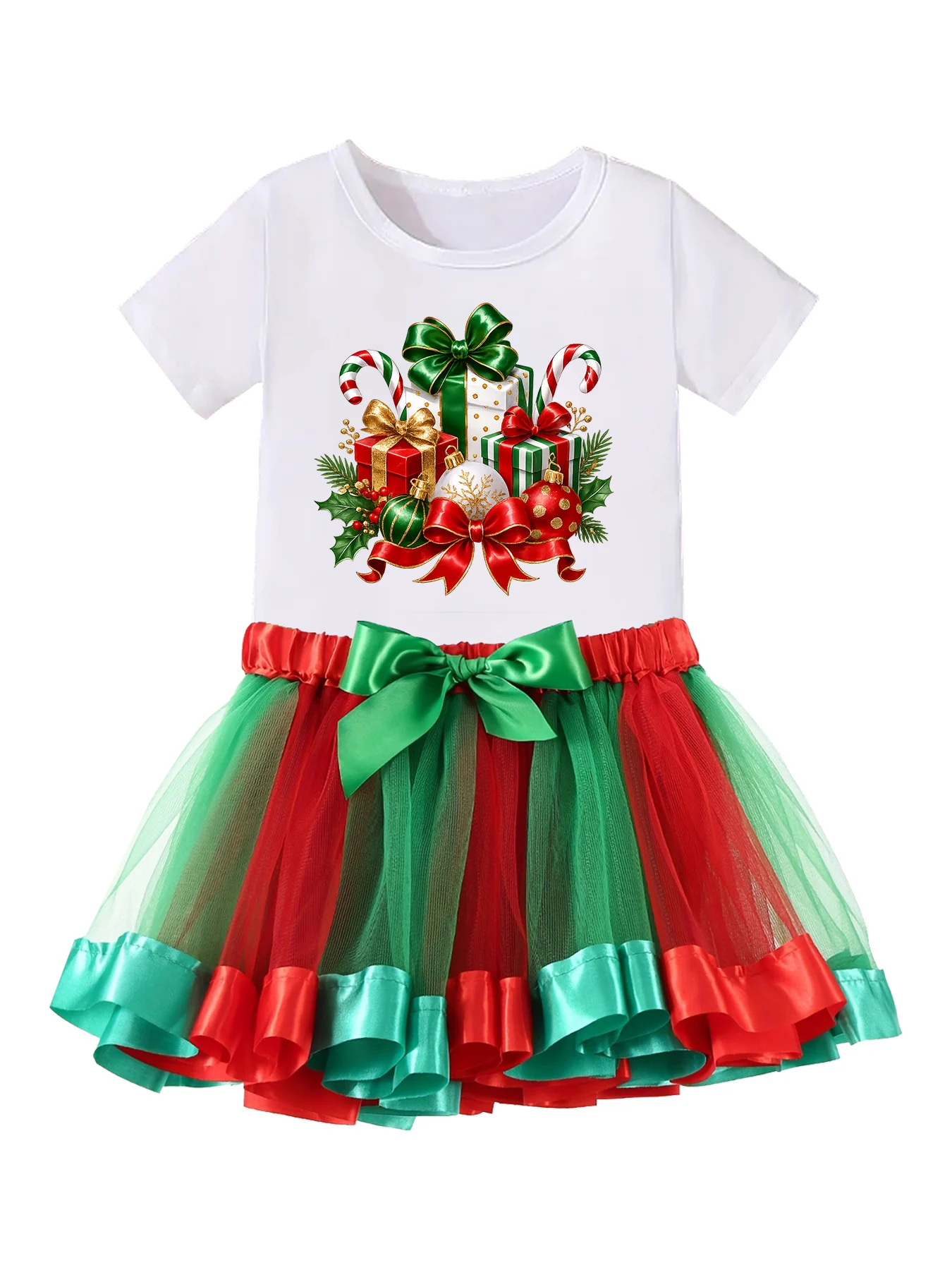 Girls Christmas Tutu Outfit 2 Pieces Short Sleeve Santa Gift Print Tee Red Green Mesh Skirt with Big Bow Kids Xmas Party Photo S