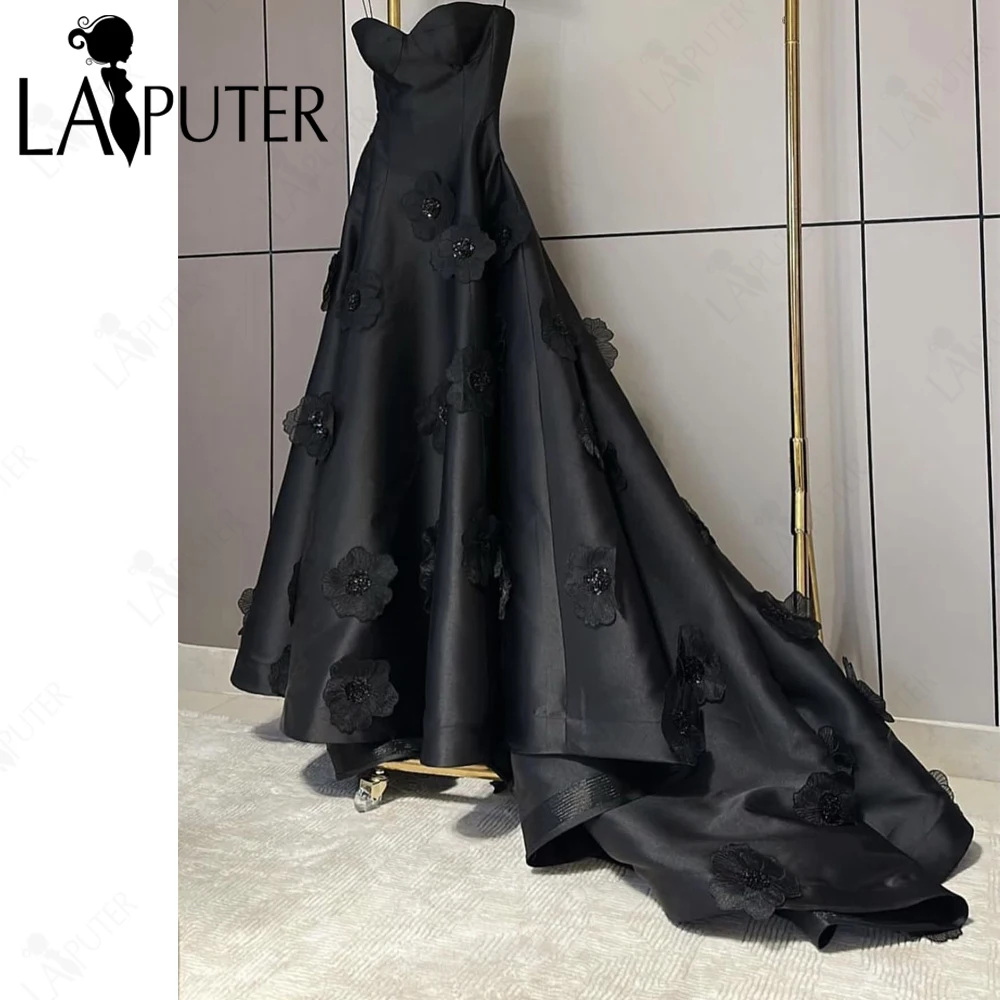 3D Flowers Black A line Celebrity Evening Dresses Off Shoulder Boned Cups BodiceBack Train Fashion Star Satin Woman Formal Dress