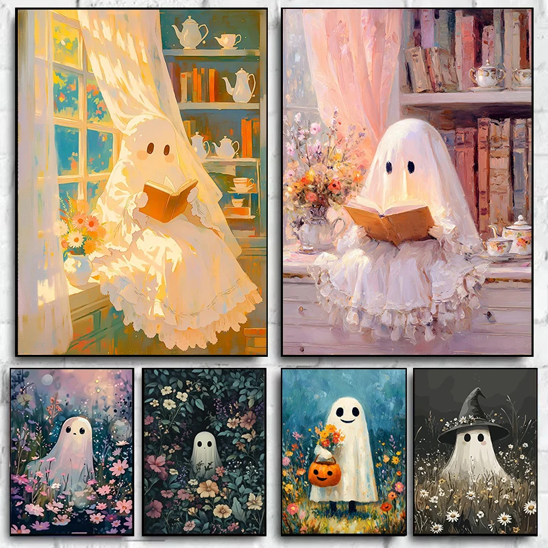 Modern Cozy Ghost Reading By The Window Canvas Posters Halloween Cute Ghost Flowers Canvas Prints Painting for Living Room Decor