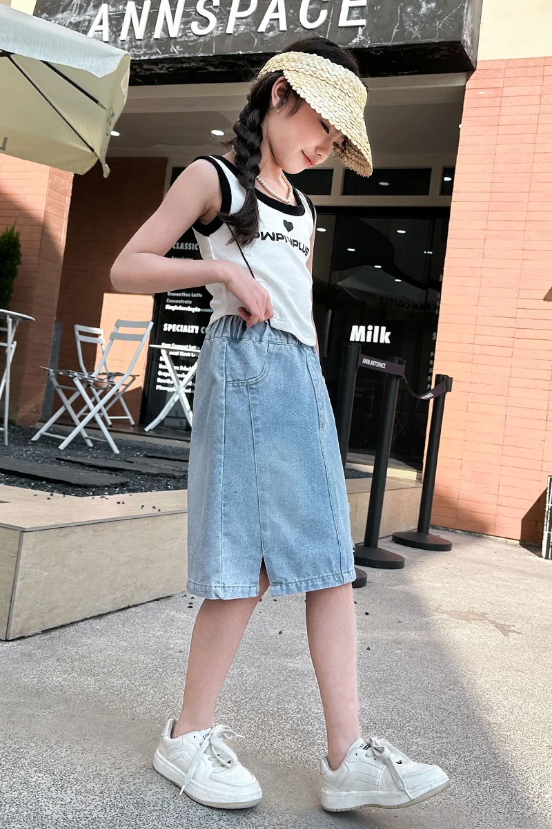 Summer Girls Fashion Loose Solid Color Button Embroidered Five pointed Star Denim Dress Casual Dress 4-10 Years Old