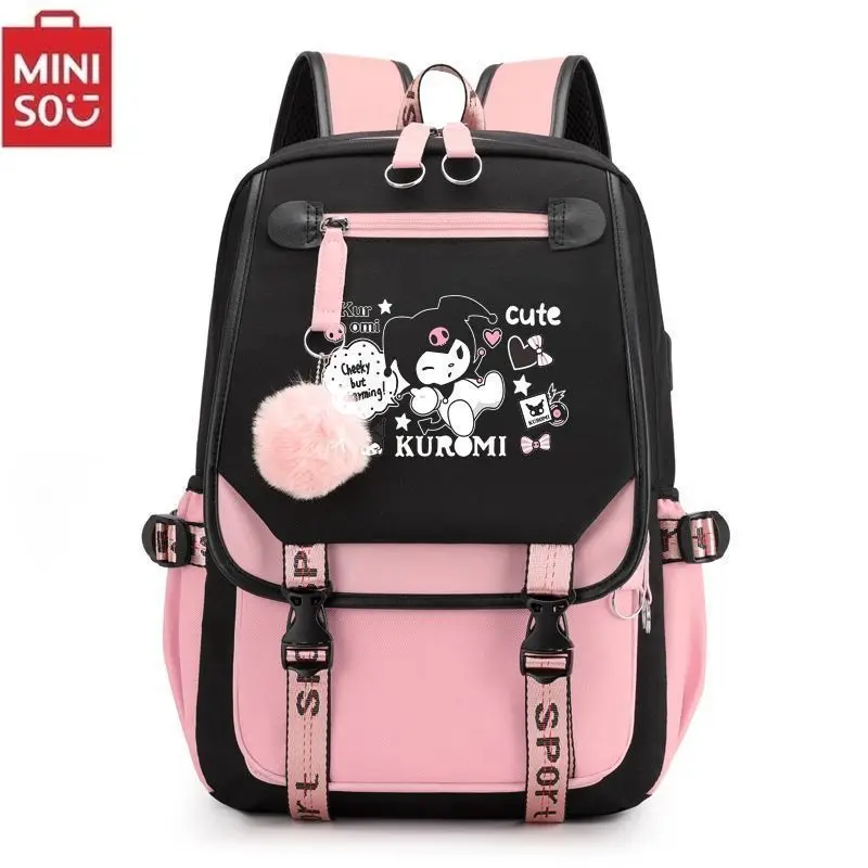 MINISO Kuromi Schoolbag Students Kawaii Double-layer Pencil Bag Large-capacity Casual Backpack Cartoon Printing Pen Bag