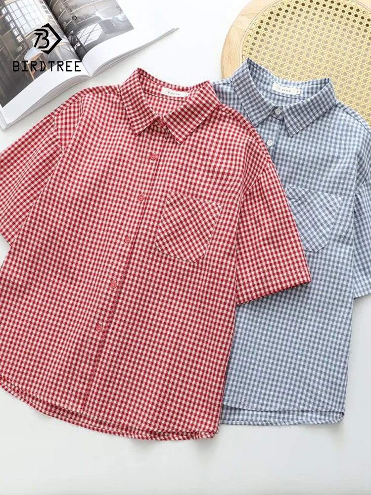

New 2026 Summer Women Cotton Short Sleeve Shirt, Turn-down Collar Plaid, Mori Girl French Retro Casual Loose Blouse T65356CC