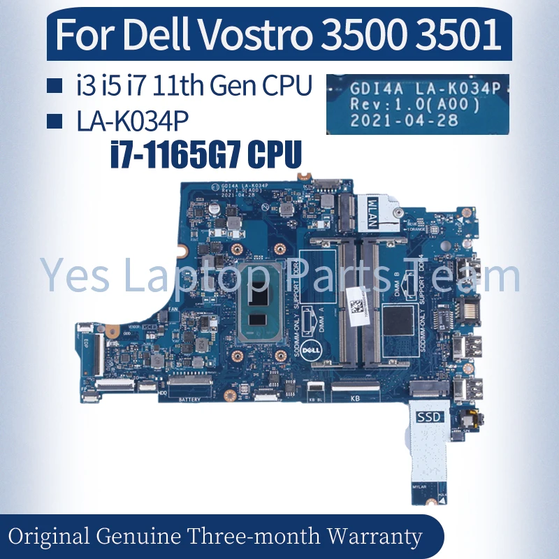 For Dell Vostro 3400 3500 3501 Laptop Mainboard LA-K034P 0FTXD9 0PY8NM 03TNDR 0F3DD5 0GGCMJ I3 I5 I711th Notebook Motherboard