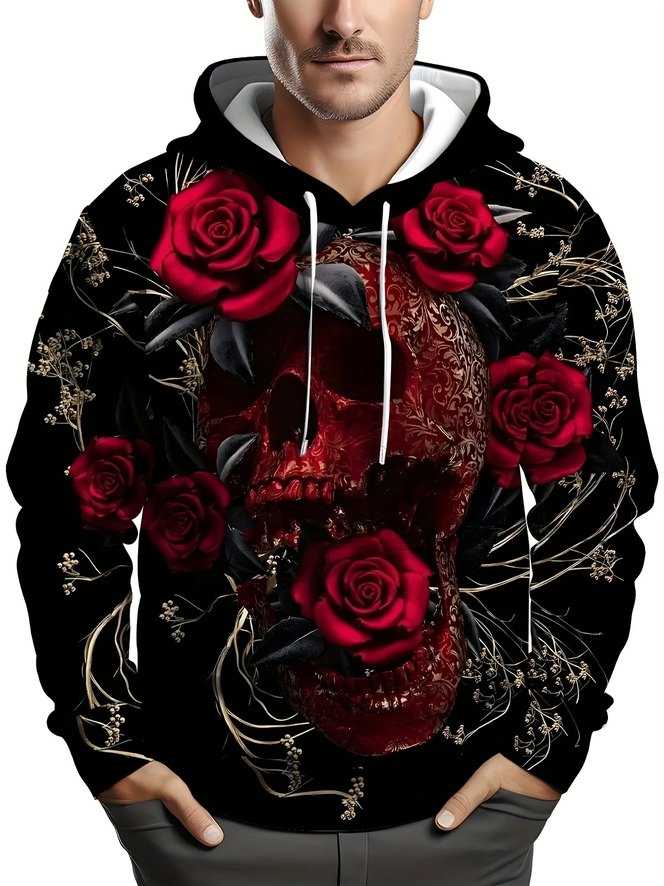 Customization 1pc Men'S Plus Size Hoodie With 3D Rose And Blue Flame Print, Casual Sports Style, Polyester Knit Fabric With Slig