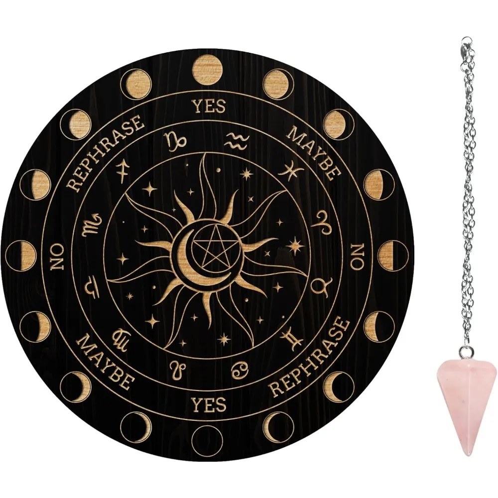 Pendulum Board Set Wooden Dowsing Divination Board Metaphysical Message Board with Crystal Pendulum Necklace for Witchcraft