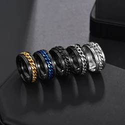 Freeteeme Cool Rotatable Chain Men Ring Stainless Steel High Quality Spinner Roman Numerals Punk Women Ring Jewelry Party Gift