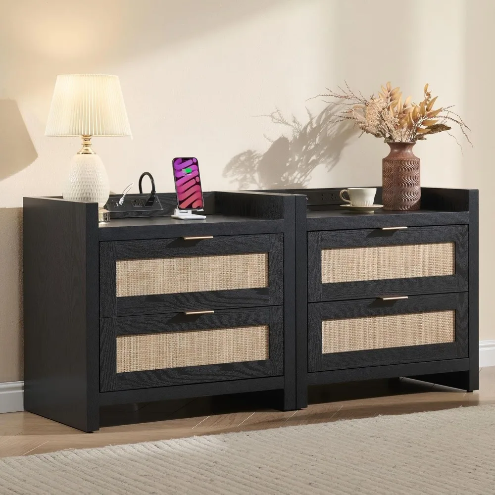 Black Bedside Table Set with 2 Bedside Tables - Bohemian Style, Equipped with Type-C Charging Station