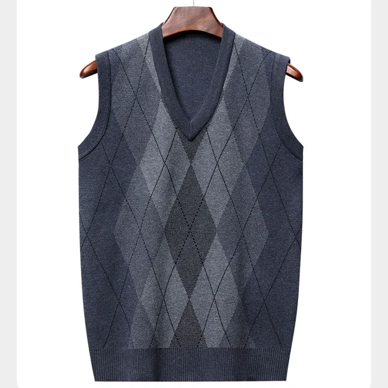 เสื้อกั๊กไหมพรมผู้ชาย แขนกุด คอวี ลายสก็อต แฟชั่น สำหรับฤดูใบไม้ผลิและฤดูใบไม้ร่วง เหมาะสำหรับสามี พ่อ