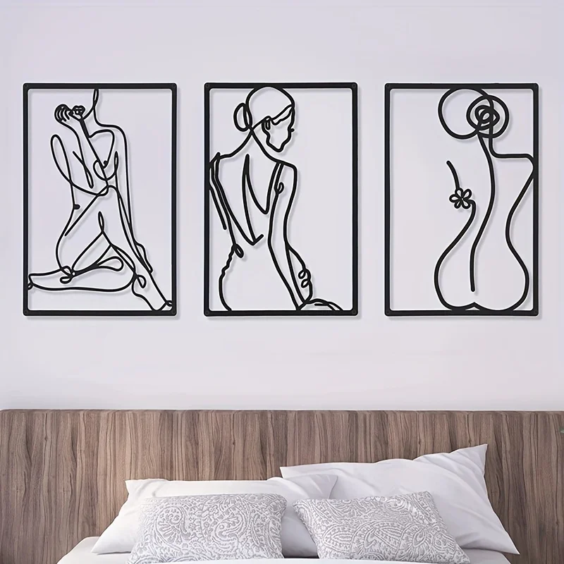 3-teilige Moderne Abstrakte Metall-Wandskulptur Minimalistische Kunst für Wohnraumdekoration Einlinien-Design
