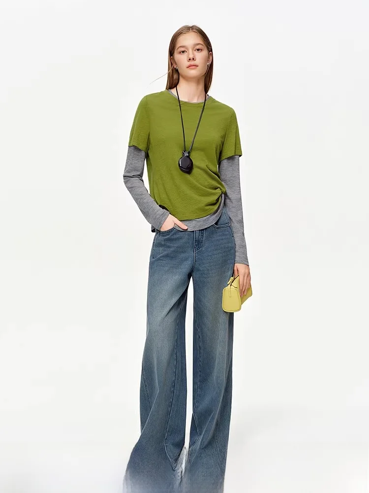 

Spring Knitted Woolen round Ne T-irt Women's True Two-Piece Pullover Casual Commute Sle Loose Fit Long Sve Top