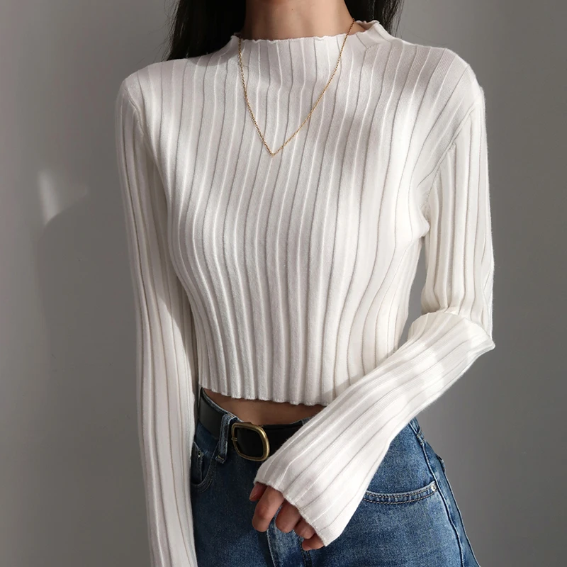 Women\'s Knitted Sweater Vintage Standing Neck Solid Color Simple Slim Fit Fashion Short Knitted Long Sleeved Sweater