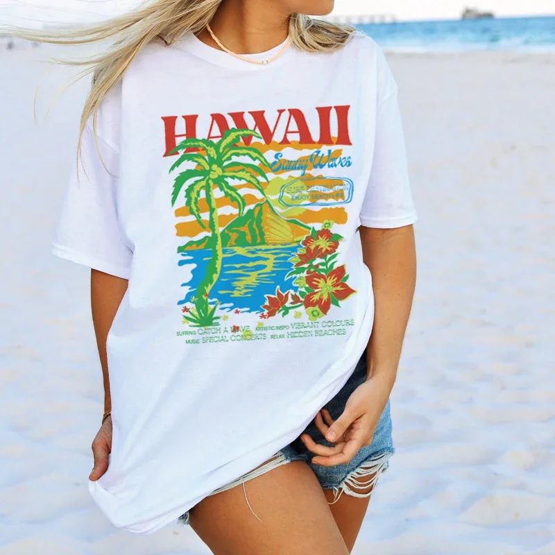 Hawaii Oversized T-Shirt Cute Tropical Beach T Shirt Short Sleeve Cotton Vintage Graphic Tees Women Summer Fashion Vacation Tops