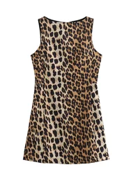 Zevity 2024 Women Sexy O Neck Sleeveless Leopard Print Slim Vest Dress Female Chic Back Zipper Club Party Mini Vestidos DS6206