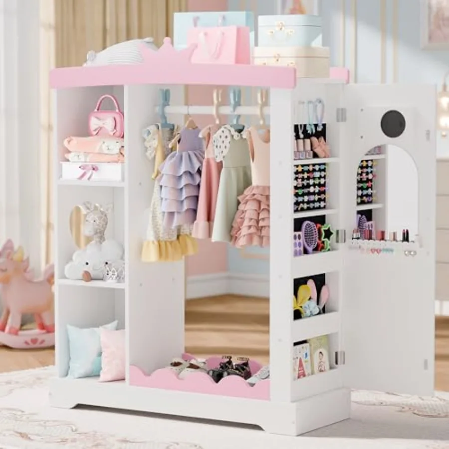 Closet with Jewelry Cabinet Dress up Storage with Shelves Mirror Costumes Wardrobe Closet with Hanging Rack for Toddlers Organi