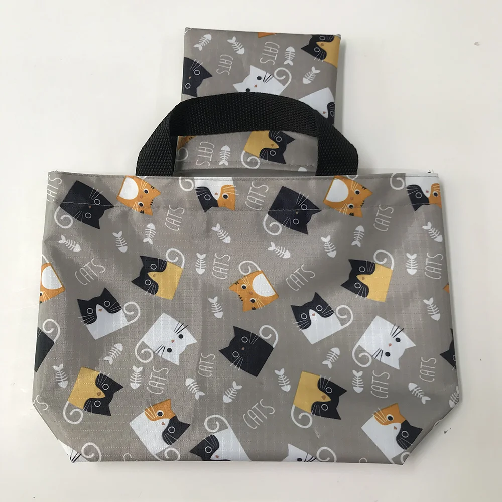 Trendy Promotional Polyester Folding Shopping Bag Eco-friendly Large Capacity Storage Tote Bag Full-page Print with PVC  Layer