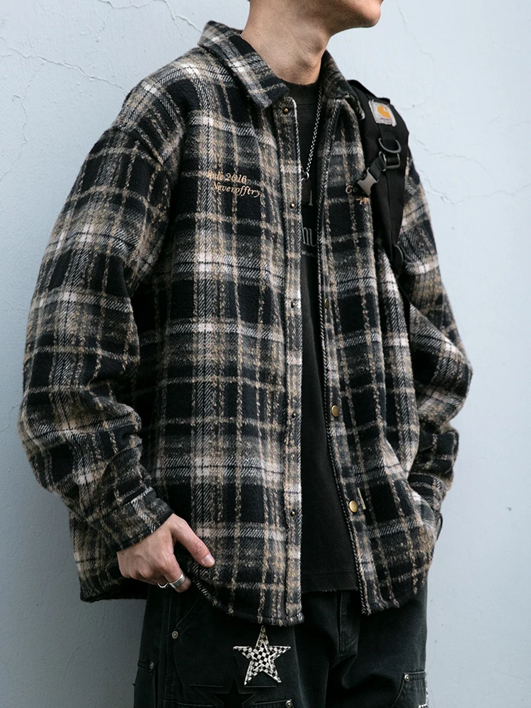 Japanese Vintage Embroidery Woolen Plaid Shirts For Men Streetwear Thick Cargo Shirt Harajuku Fashion Casual Lapel Coat Male