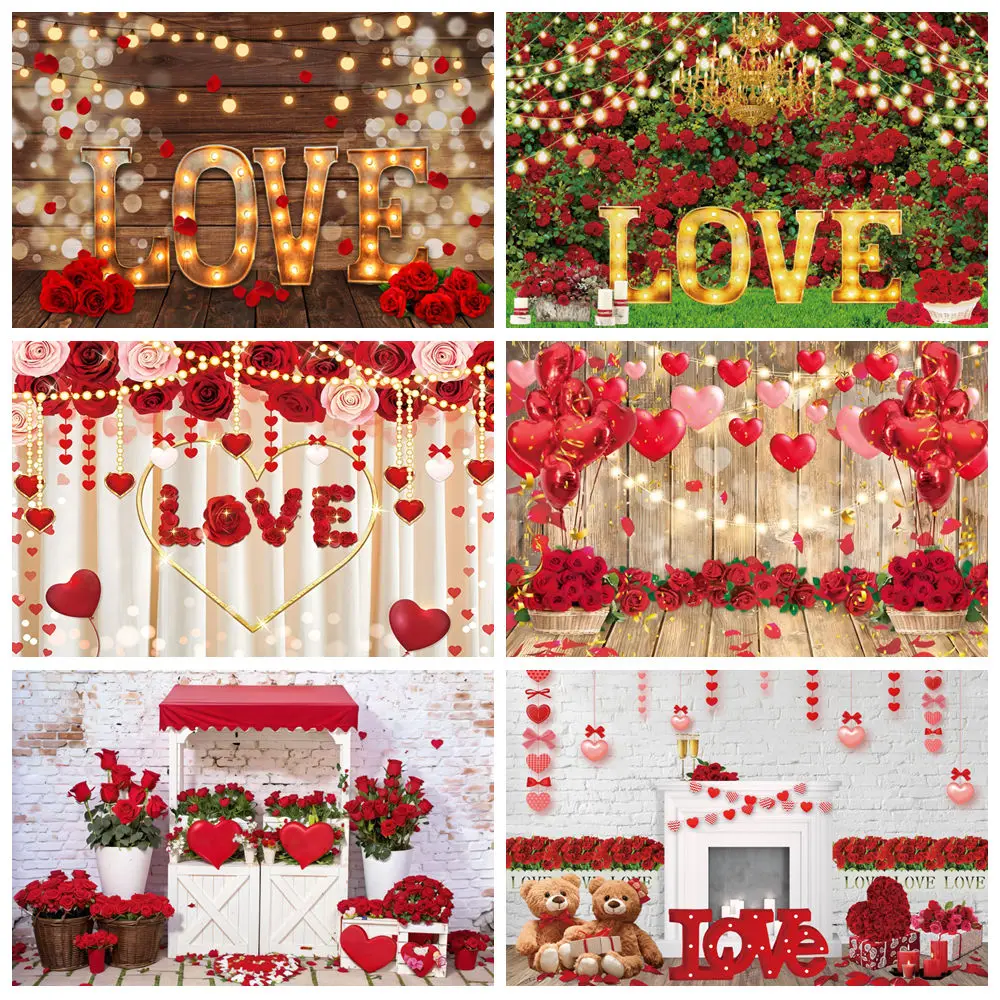 

Valentine's Day Photography Backdrops February 14 Red Rose Love Heart Balloons Wedding Portrait Background Decor Photo Studio