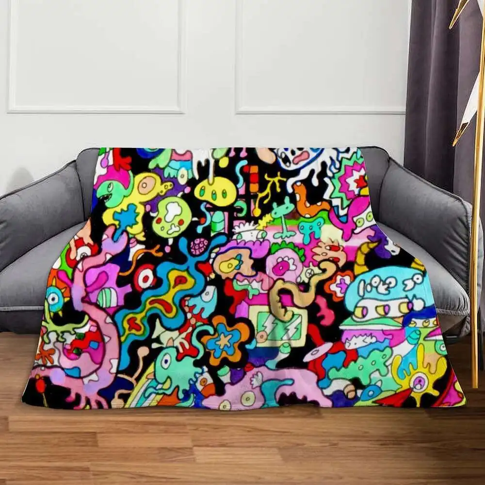 

2024 New Customized Blanket Flannel All Season Graffiti Illustration Block Street Art Thin Throw Blankets For Office Outdoor