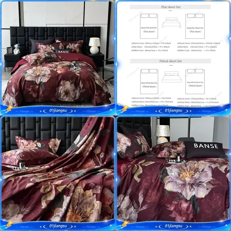 Premium 1000TC Egyptian Cotton Bedding Set Digital Printing Blooming Flowers Duvet Cover Flat Fitted Sheet Pillowcases 4Pcs