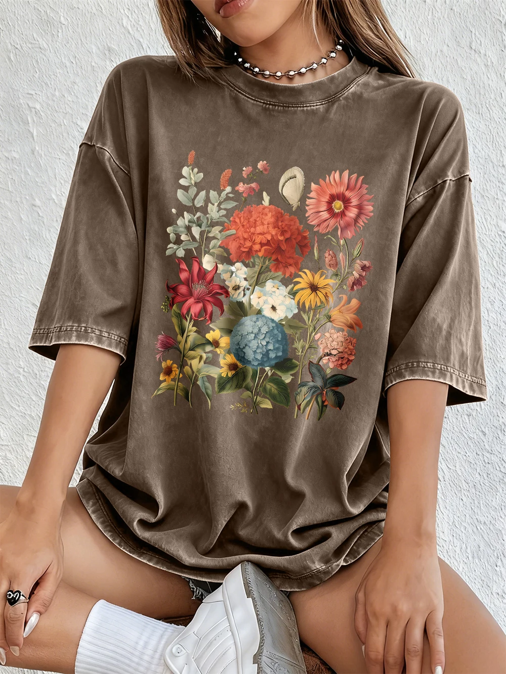 Vintage Hortensien-Blumen-Prints Gewaschene T-Shirts Damen Baumwoll-Kurzarm-Tops Street O-Neck Oversize T-Shirt Sommerkleidung – Detail 15