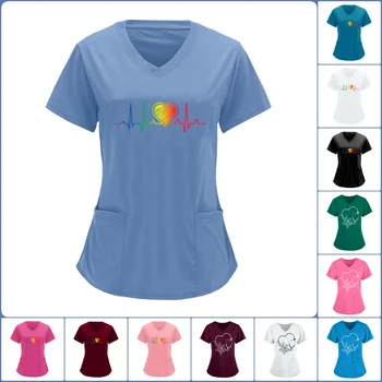 T-shirt da donna Uniforme da lavoro Stampa Tasca Toelettatura animali Uniforme da infermiera Abbigliamento Ospedale Solido Manica corta Spa Scollo a V Scrub Top