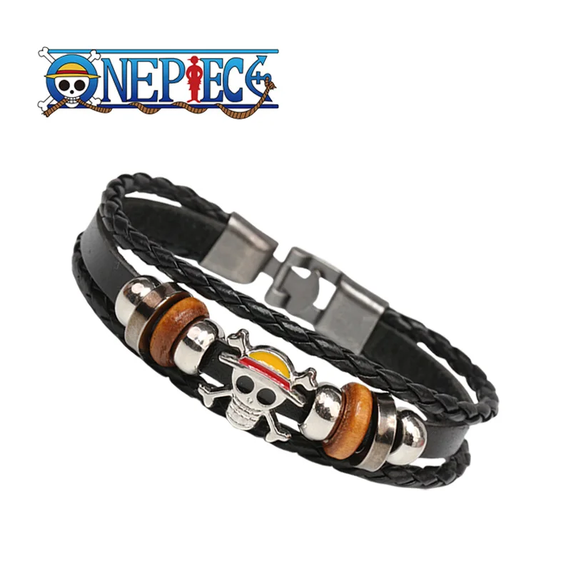 One Piece Pirate Bracelet Cartoon Charm Action Doll Lufei Straw Hat Punk Black Leather Woven Anime Bracelet Toy Birthday Gift