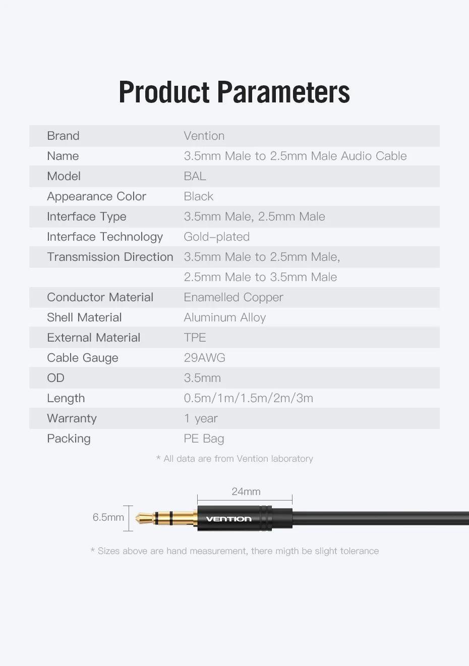 Vention 3,5 auf 2,5 Aux-Kabel, 3,5 mm auf 2,5 mm Audiokabel für Kopfhörer, Aux-Lautsprecher-Verbindungskabel, 2,5 auf 3,5 – Detail 11