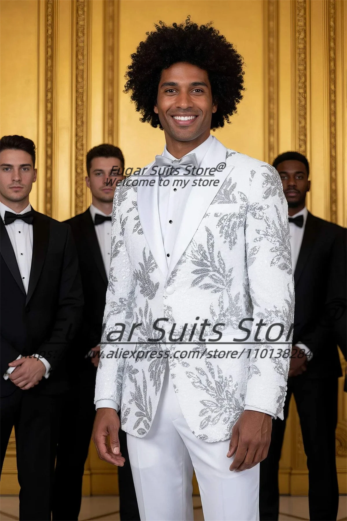 

Shiny Floral Baroque Sequins Groom Wedding Tuxedos Luxuly Slim Fit Peak Lapel Men Suits2Pcs Sets Male Formal Blazers Ropa Hombre