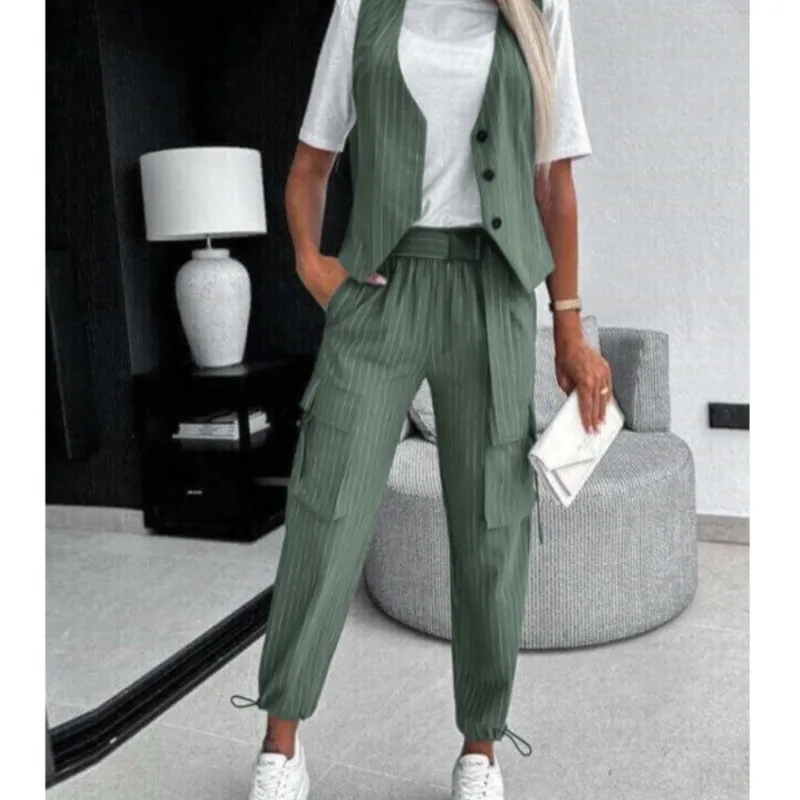 White Striped Vest Suit For Women Summer Casual V-neck Button Top Pocket Loose Pants Outfits Two-piece Suit For Women Elegant