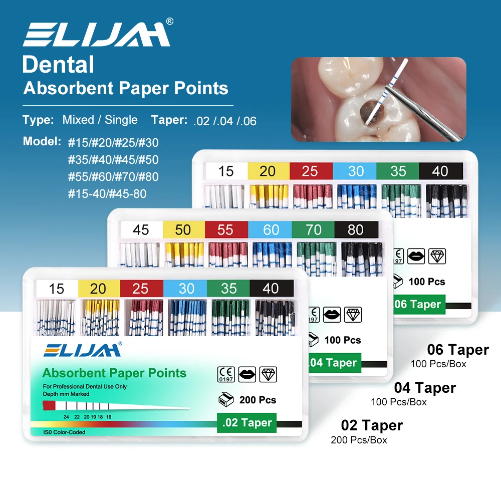 

ELIJAH Dental Absorbent Paper Points Sterile Mixed Size Root Cancel Endodontics Cotton Fiber Tips with Scale Dentistry Materials
