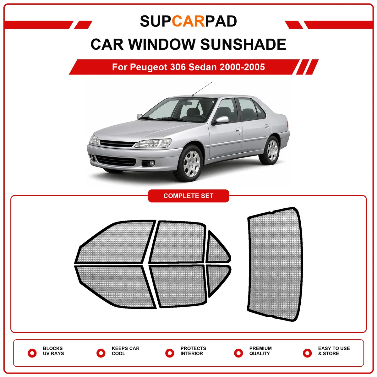 For Peugeot 306 Sedan 2000-2005 Pre‑Cut Auto Window Sunshade Anti‑UV Car Sun Visor Protector