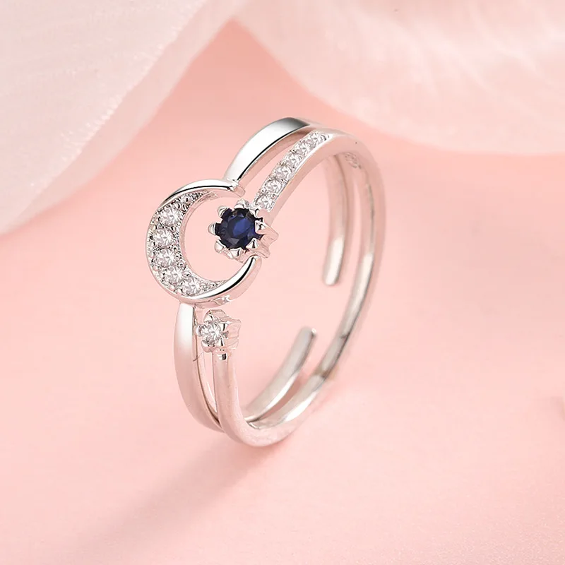 VENTFILLE 925 Sterling Silber Blau Stern und Mond Ring Weibliche Öffnen Koreanische Version Kreative Internet Celebrity Ring