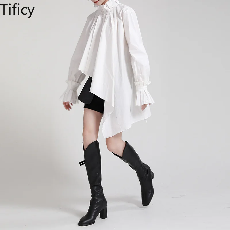 TIFICY 2024 Autumn Clothes New Stand-up Collar Creased Irregular White Long-sleeved Loose Mid-length Shirt