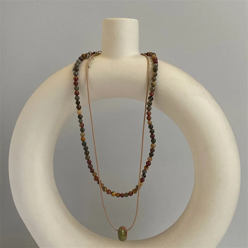 Perlen Doppel-schicht Halskette Natürlichen Rohstein DIY Frauen Persönlichkeit Temperament Schlüsselbein Kette Mode Schmuck – Detail 1