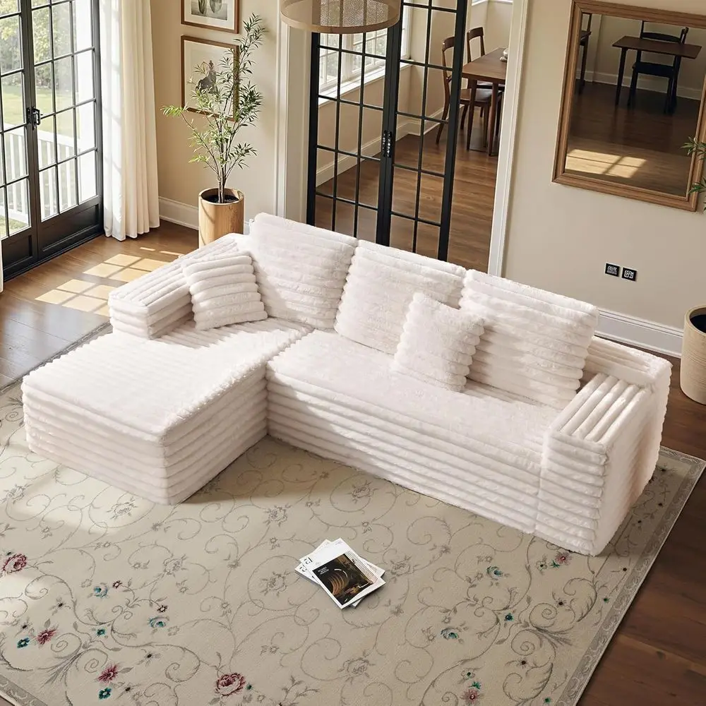 

Большой угловой диван-облако с глубоким сиденьем и вельветовым покрытием, кремовый