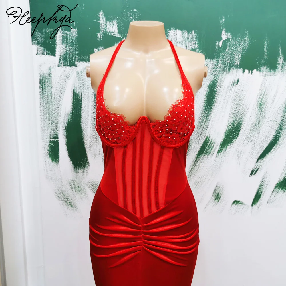 Red Mermaid Backless Velour Evening Dress Halter Front Split Crystals Lace Sexy Prom Party Gowns 2024 Wholesale Women Dresses