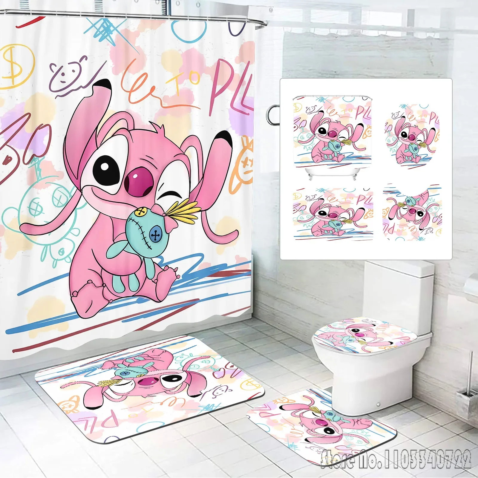 Stitch Disney Anime Bath Shower Curtain Set 4pcs with Hooks Waterproof Bathroom Toilet Mat Lid Decor