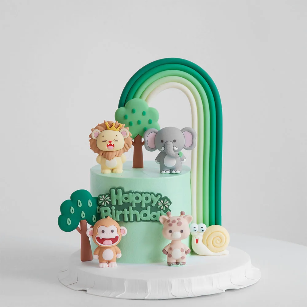 Kuchenaufsatz mit Waldtiermotiv, Affe, Löwe, Giraffe, Elefant mit Regenbogenbaum, Tischdekoration für Babyparty, Geburtstagsfeier – Detail 3