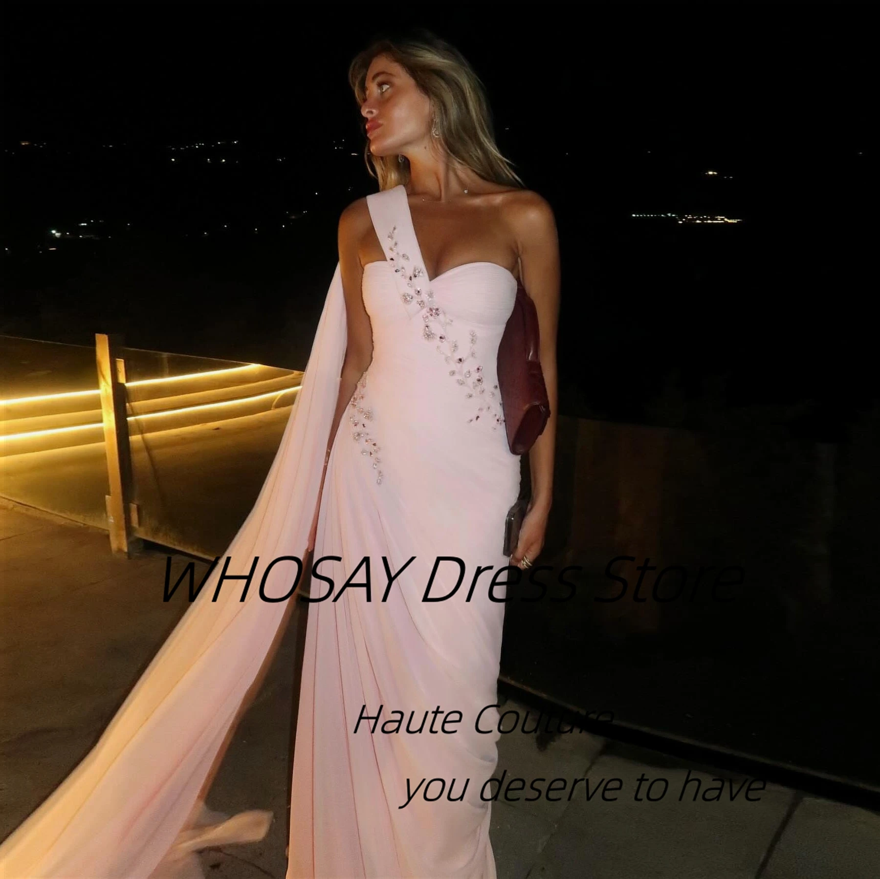 WHOSAY Pick Ups Chiffon Prom Dresses with Flutters One Shoulder Evening Gowns Beaded Wedding Party Special Dress Customized