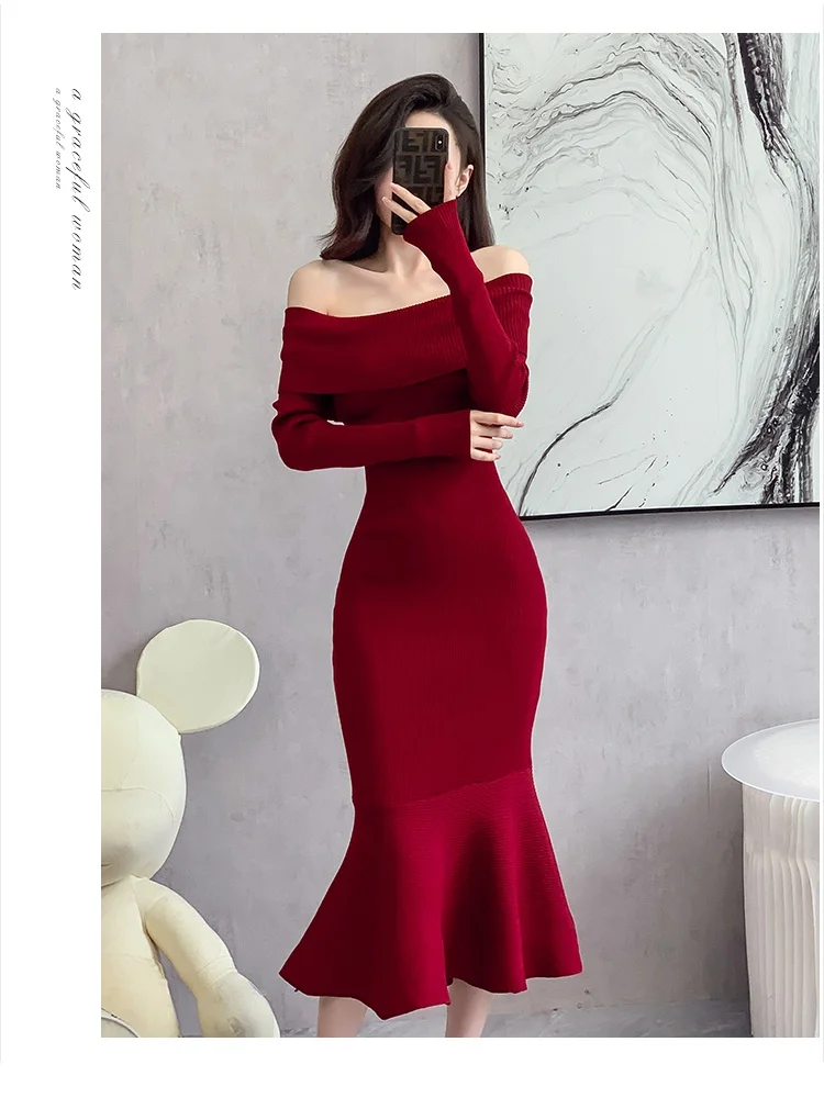 Jesień ciepła moda kobieta elegancka odzież dzianiny Vintage sukienki syrenka seksowny sweter z głębokim dekoltem sukienka Femme Winter Vestido