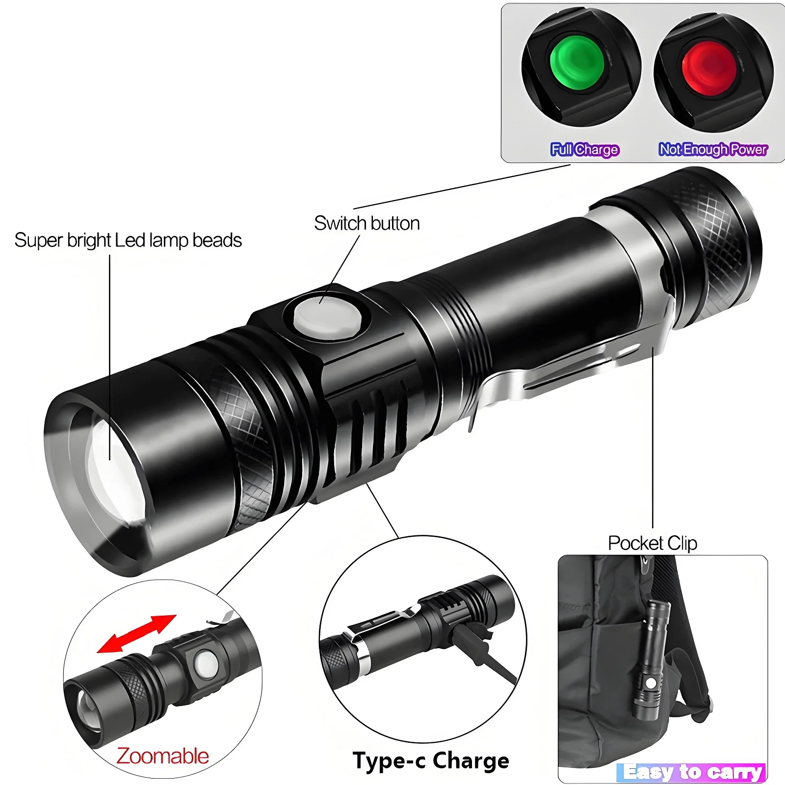 AODTOSIP Rechargeable USB High Power LED Flashlight Waterproof Outdoor Camping Torch 4 Modes Multi Function USB Charger