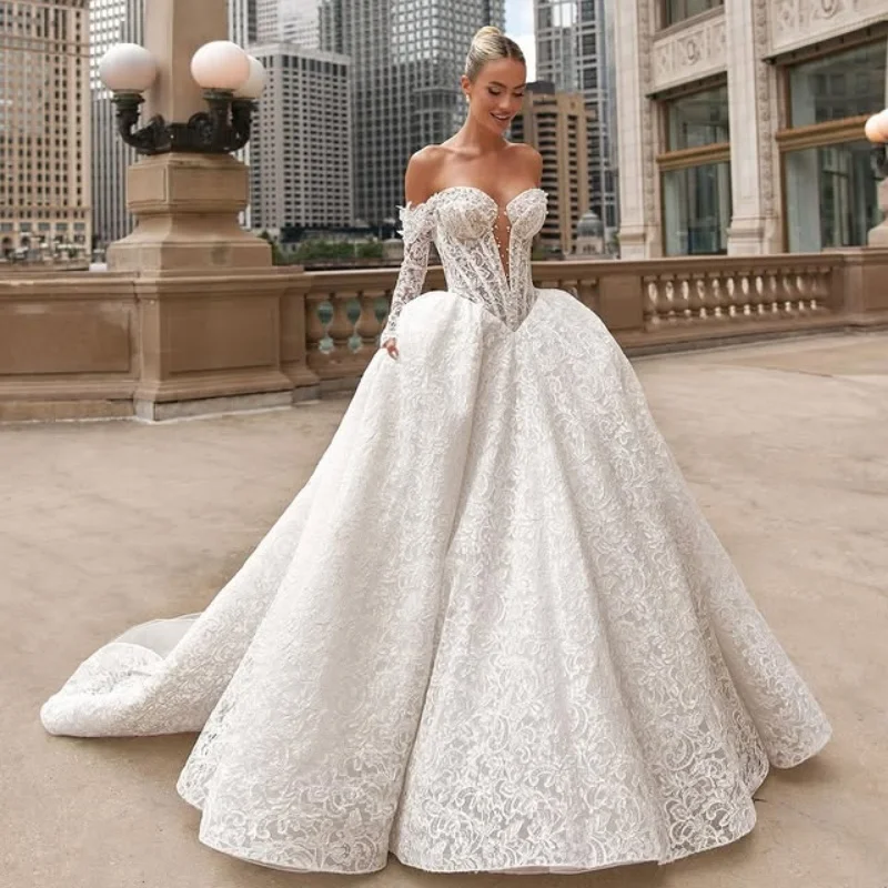 

luxury white Wedding Dresses The corset glitter lace decal off-shoulder style long sleeves Gowns multi-layer Made customize