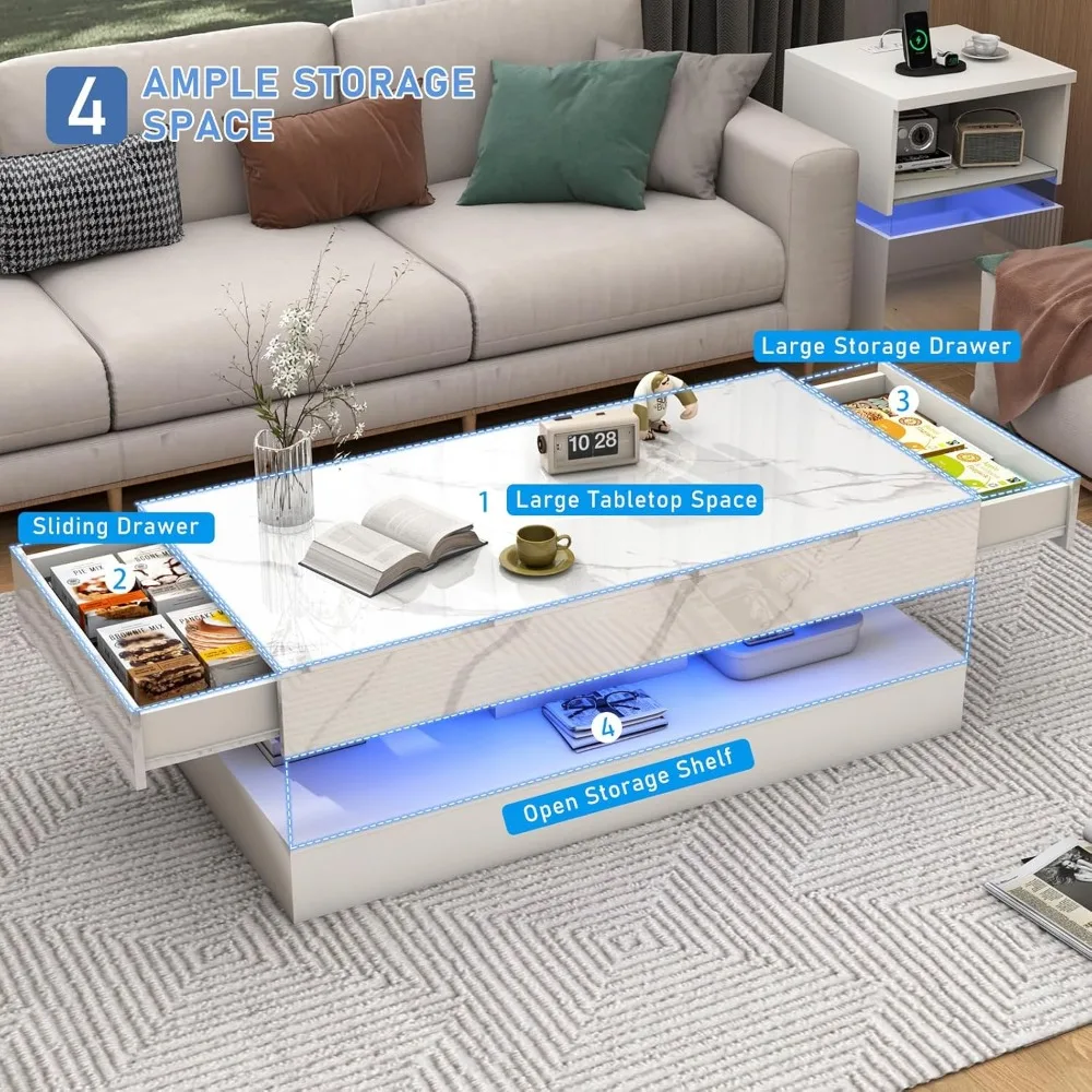 Modern Large High-Gloss LED Coffee Table with Sliding Drawers, Living Room Storage Solution featuring Marble Print Design